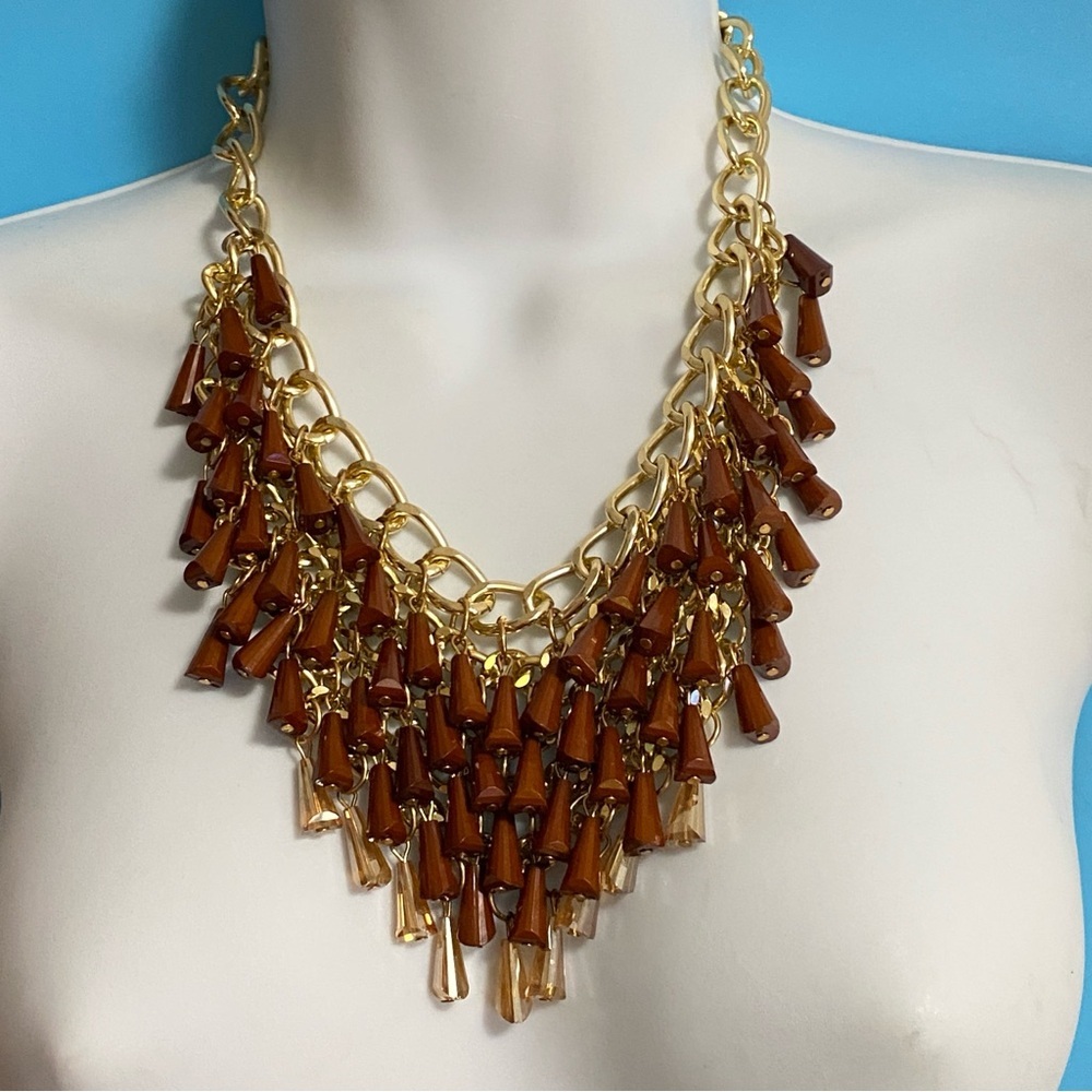 Gold Tone Chunky Chain Brown Glass Beads Statement Bib Necklace